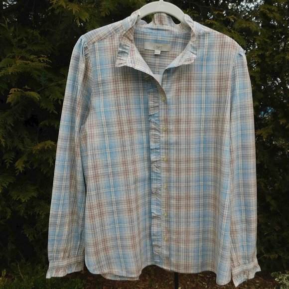 Loft Pretty Pastel Plaid Ruffled Blouse with Split-Rounded Hem NWT - Picture 1 of 3